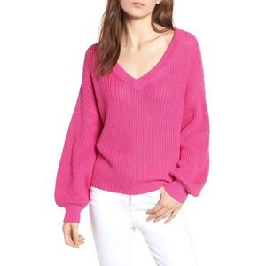Nordstrom BP | Balloon Sleeve Crop V-neck Sweater - [XS in Pink]